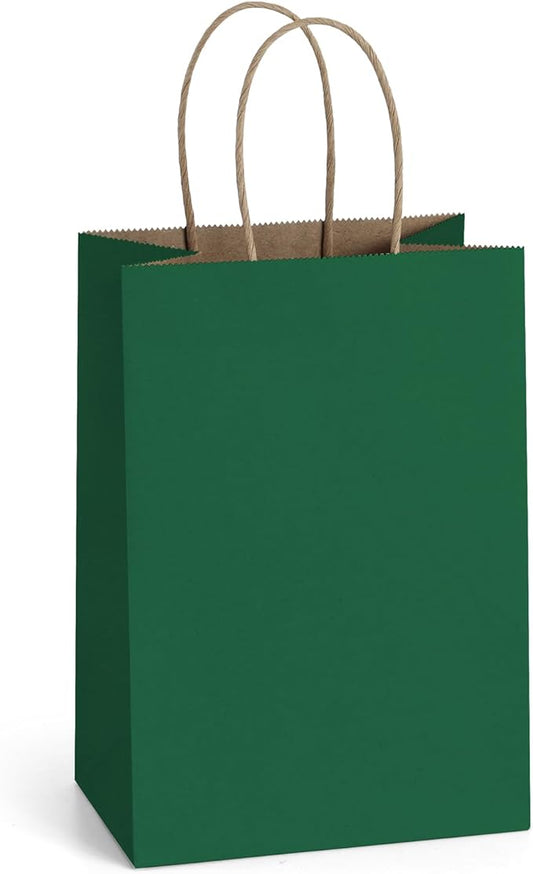 BagDream Forest Green Gift Bags with Handles 5.25x3x8 Inch 25Pcs Small Kraft Paper Gift Bags for Christmas, Thanksgiving, Craft, Outings, Party Favors, Retail, Grocery, Recyclable