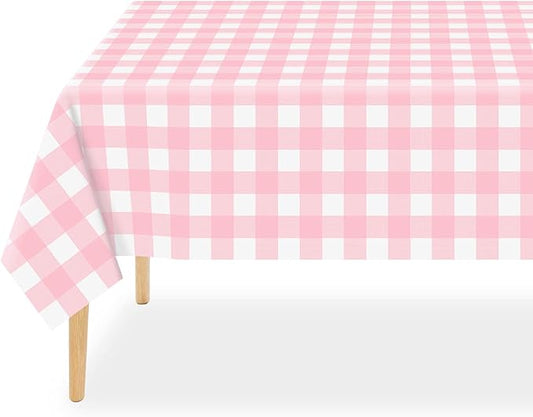 QIKSION Pink Gingham Tablecloth Disposable 3 Pack, 54 x 108 Inch Pink and White Checkered Table Cloth for Baby Shower, Easter, Mothers Day Decorations, Birthday Party, Rectangle, Plastic Table Cover