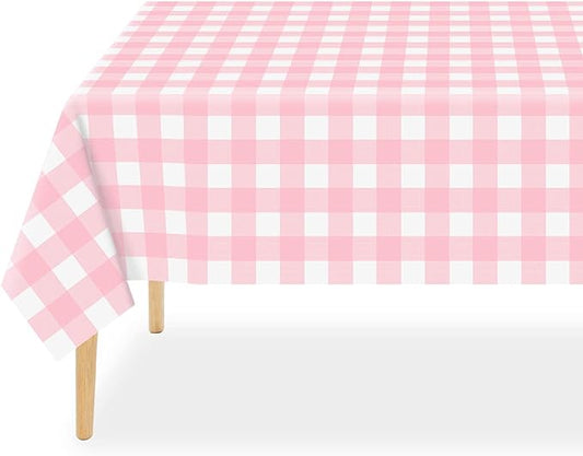 QIKSION Pink Gingham Tablecloth Disposable 2 Pack, 54 x 108 Inch Pink and White Checkered Table Cloth for Baby Shower, Easter, Mothers Day Decorations, Birthday Party, Rectangle, Plastic Table Cover