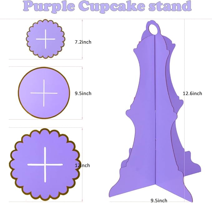 MRPAPA Cardboard Cupcake Stands, Set of 2 Tiered Dessert Trays - 3 Tier Paper Cupcake Tower Holder for 24 Cupcakes, Perfect for Girls' Birthday and Baby Shower Parties (Purple and Gold)