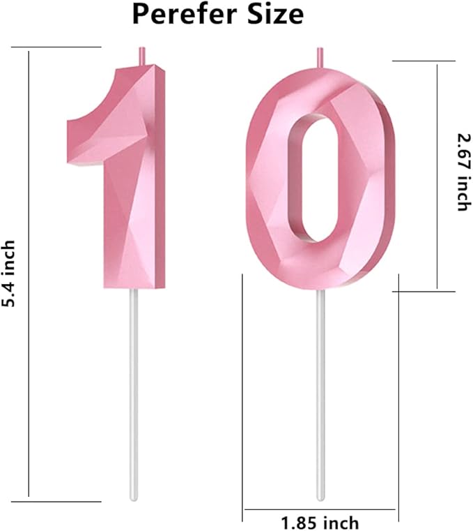 Number Birthday Candles(10 Candle Pink) 3D Diamond Shape 10th Happy Birthday Cake Topper Decorations for Girl Women Birthday Wedding Anniversary Celebration Theme Party Supplies