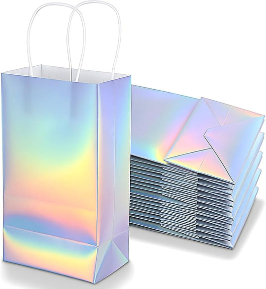 Abeillo 48 Pcs Reusable Paper Gift Bags with Handle, Iridescent Gift Bag Glossy Holographic Goodie Bag Gifts Handbag Bulk for Baby Shower Christmas Birthday Party Favor, 8.3 x 4.7 x 3.1 Inch