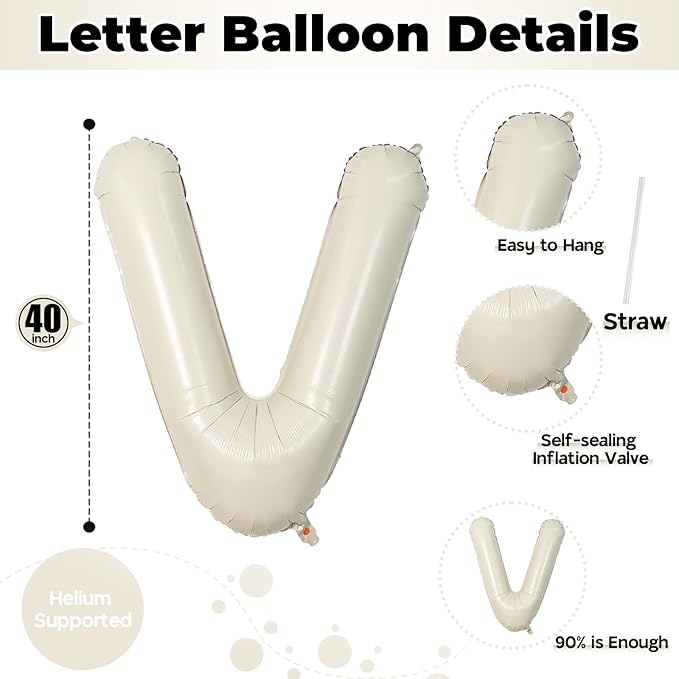 V Letter Balloons Cream, 40 Inch Alphabet Foil Word Balloons, Large Mylar Inflatable Beige Name Balloon Letters V, Big Helium Custom Letter Balloons White for Women Birthday Party Decoration Supplies