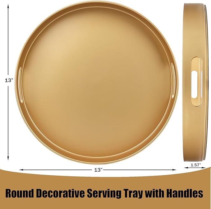 Gold Round Decorative Tray with Handles, 13" Versatile Serving Tray for Coffee Table, Ottoman, Ideal for Serving, Displaying, Organizing