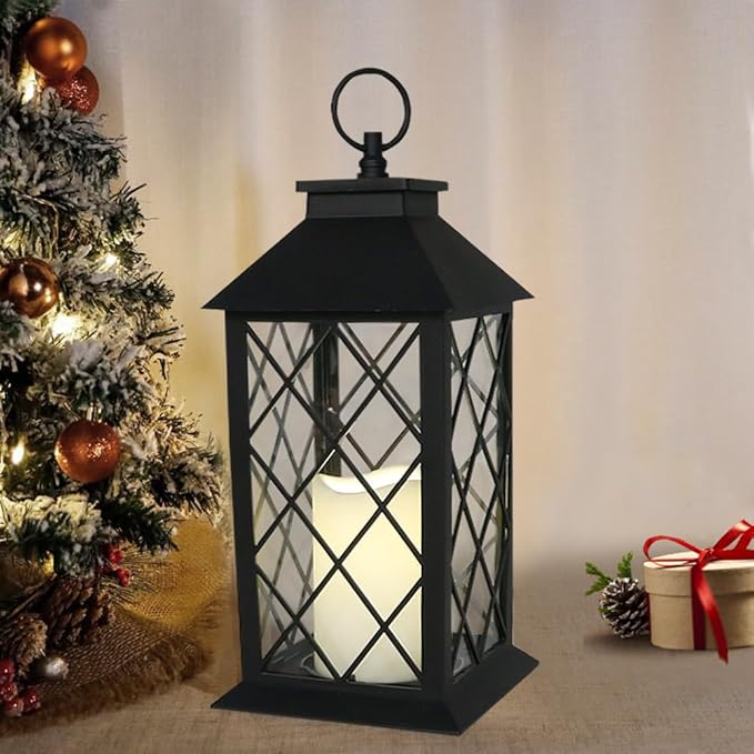 2-Pack 13.5" Vintage Candle Lantern with LED Pillar Light (Black, 6hr Timer) - IP44 Waterproof Battery Powered Decorative Light - Outdoor Hanging Lantern Decorative Indoor Candle Holder