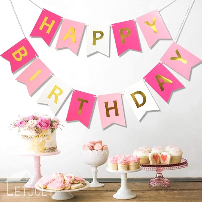 Roseo Pink Happy Birthday Banner Signs Golden Sparkle Funny Birthday Party Supplies for Girls Party Decorations Nursery Decorations 13 Pieces