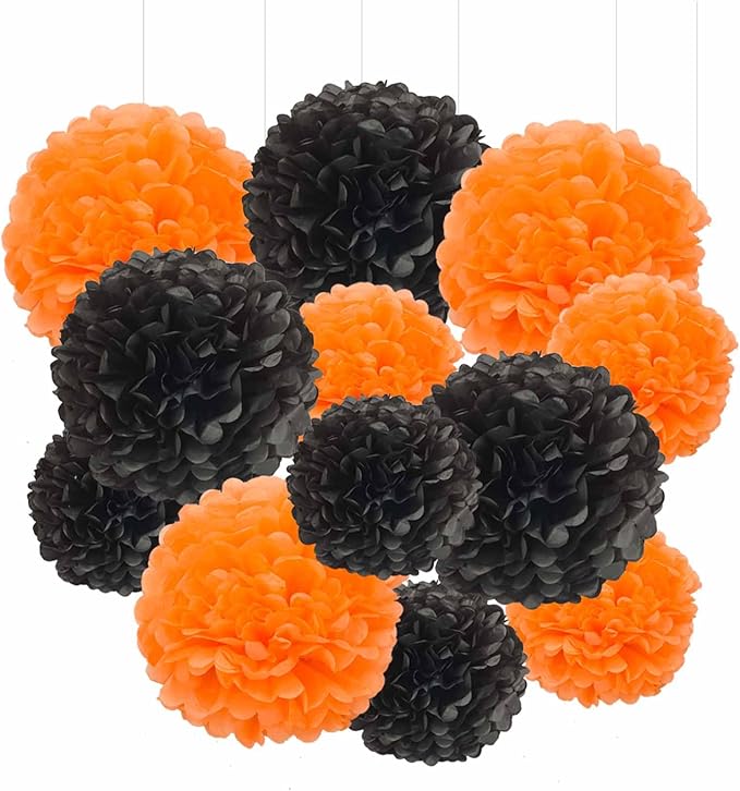 Black and Orange Tissue Paper Pom Poms Hanging Tissue Flowers Poms Decorations Pack of 12 for Wedding, Birthday,Party Backdrop Decor ect. (12", 10",Tissue Paper Flowers)