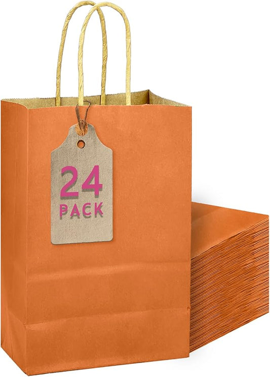 qiqee Classic Orange Gift Bag with Handles Bulk 24Pcs Paper Bags -10.6"x8.3"x4.3"Party Favor Bags - Solid Color