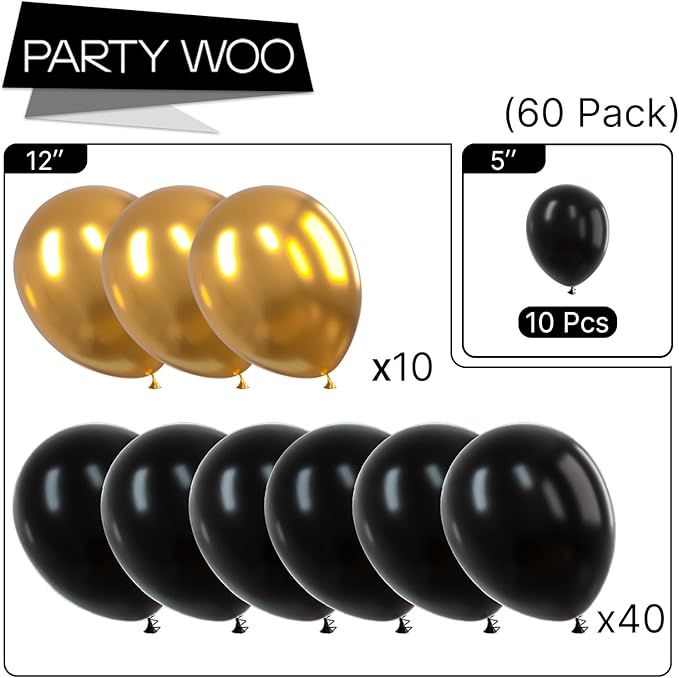 PartyWoo Black and Gold Balloons 66pcs 12 Inch Matte Black Metallic Chrome Gold Balloons for Graduation Baby Shower Birthday New Year's Eve Anniversary Bachelorette Retirement Party Decorations