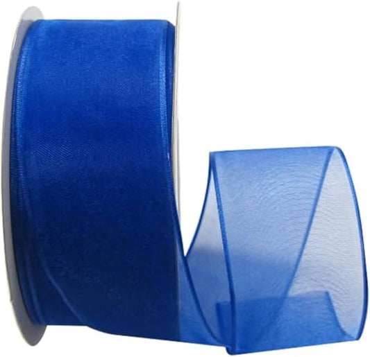 Ribbon Bazaar Sheer Organza Wired Ribbon - Wire Edged Ribbon for Floral Decor, Table Arrangements, Apparel Embellishment & More - 1-1/2" Royal Blue 25yd Spool