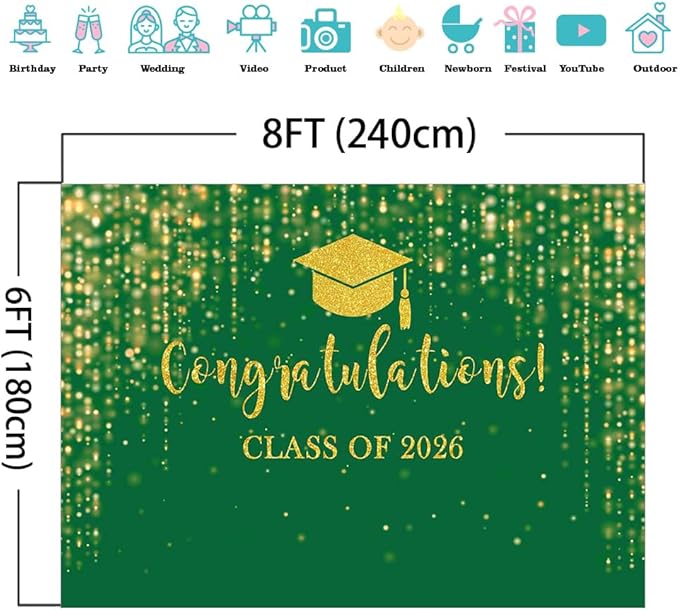 Mocsicka Class of 2026 Backdrop Green Gold Glitter Bokeh Graduation Party Background 2026 Congrats Grad Prom Party Cake Table Decoration Photo Booth Props (8x6ft)