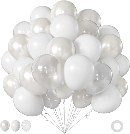 Pearl White Balloons, 60Pcs 12Inch Double Stuffed White Clear Balloons for Wedding Bridal Shower Baby Shower Engagement Birthday Party Decorations