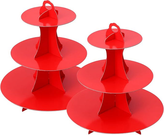 Soleebee 3-Tier Round Cupcake Stand, Cardboard Cupcake Tower, Dessert Cup Cake Stand Tower for Birthday Wedding Party Decoration, Cupcake Tier Stand 2 Set (Red)