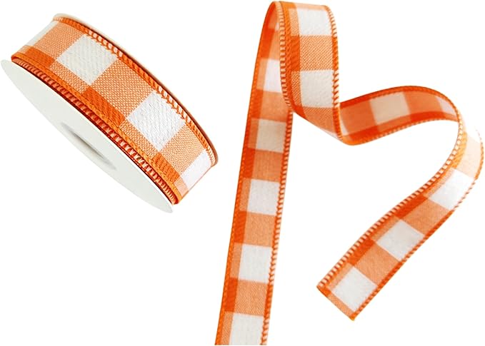 Meseey 7/8 Inch x10 Yards Orange White Gingham Plaid Buffalo Check Wired Ribbon for Easter Spring Fall Christmas Holiday Party Crafts