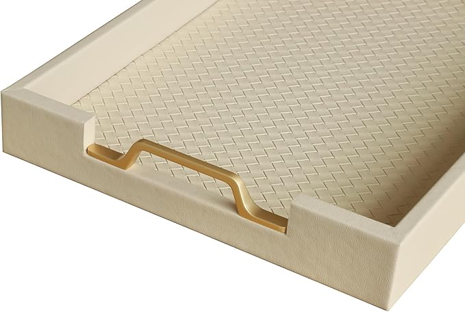 HofferRuffer Faux Leather Rectangle Serving Tray Decor Platter with Gold Metal Handles for Coffee Table, Breakfast, Tea, Food, Countertop, Kitchen, Butler Tray, 16.2 x 12.2 x 2 inches (Cream White)