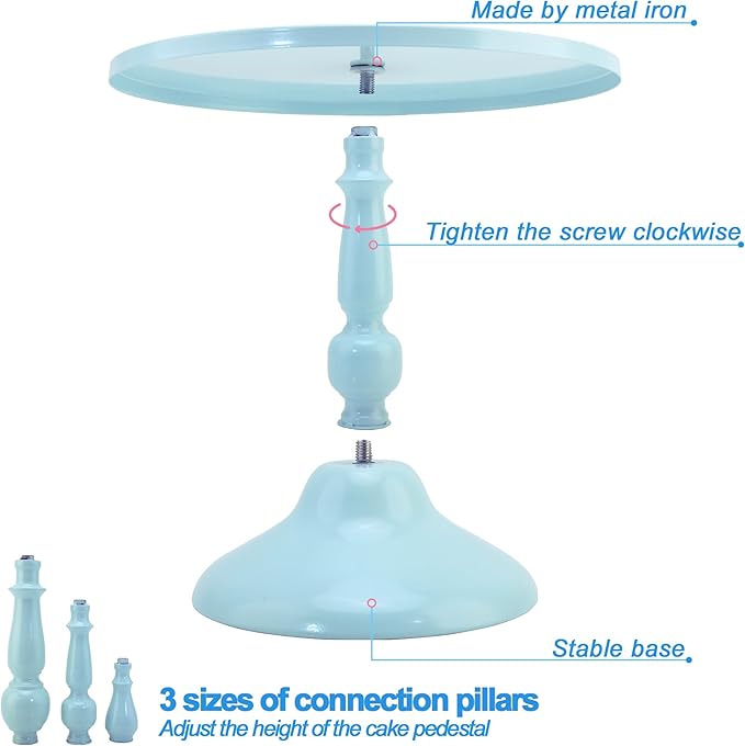 Set of 3 Blue Cake Stands, Metal Round Cake Holder Dessert Pie Pizza Display Stand 8" 10" 12" Serving Tray Decoration for Wedding Celebration Party Birthday Baby Shower