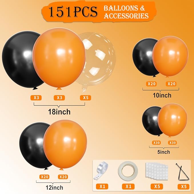 Orange and Black Balloons Arch Kit, 151Pcs Black Orange Bobo Balloons Garland 18 12 10 5 inch for Halloween, Graduation, Birthday Bengals, Harley Davidson Party Decoration