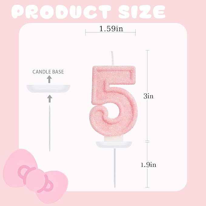 Pink Birthday Candles - Number 5 Candle for 5th Birthday Decorations Girl, Pink Cake Decorations Sweet Birthday Decorations Girl
