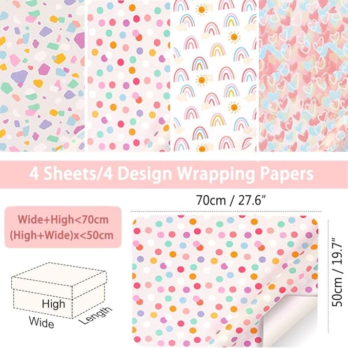 Pink Gift Wrapping Paper, Birthday Wrapping Paper for Girl w/Gift Tags, Rainbow Polka Dots Heart Gift Wraps for Birthday, Valentines Day, Christmas, Wedding, Baby Shower, 4 Sheets 27.5x19.6inch