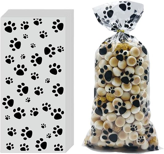EatnMgan 200Pcs Dog Paw Print Cellophane Treat Bags,Cellophane Bags,Party Favor Gift Bags with 220Pcs Twist Ties for Pet-Themed Parties, Snacks, Candy, and Cookie Packaging (Black)