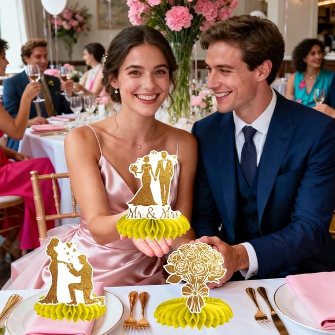 ANATTASOUL 12PCS Table Honeycomb Centerpieces Wedding Champagne Roses Birthday Party Decorations for Table, 7.48"*6.2" Honeycomb Decorations for Wedding, Christmas, Anniversary, Home Decor