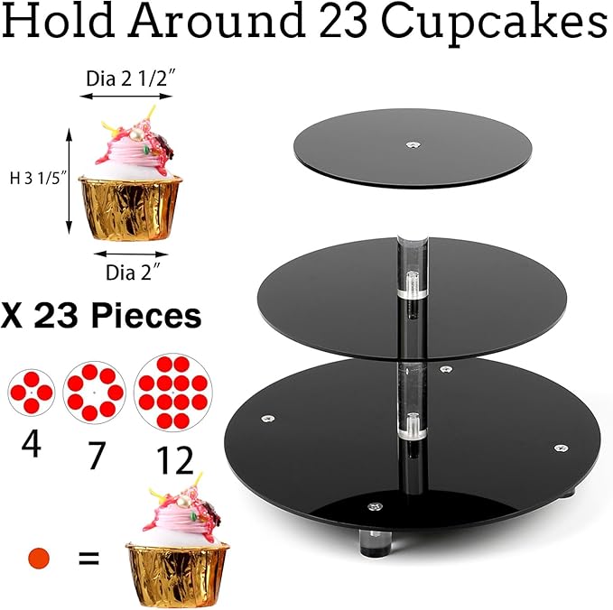 3 Tier Acrylic Cupcake Stand, , Clear Dessert Tower Holder Display with Base for Baby Shower, Birthday Party,Wedding,Christmas,Reception (Black)