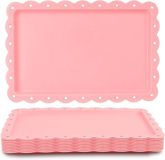 Food Tray, 12 Pack Serving Tray Serving Platter Fruit Dessert Plates, Plastic Serving Trays Rectangle Dessert Trays for Party, Wedding, Restaurant, 14.4" X 9.3" (Pink)