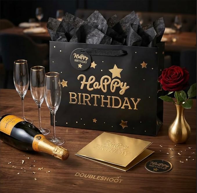 DOUBLESHOOT Black Birthday Gift Bag with Tissue Paper and Greeting Card, Medium Gift Bag 13 x 10.2 x 4.9 inches, Gold Foil Happy Birthday Stars and Dots Design, Gift Wrap Bag for Men, Boys, Dad, Him