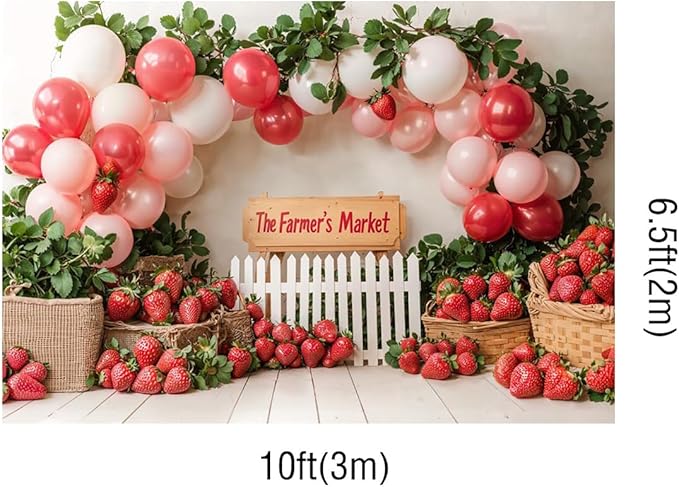 Kate 10x6.5ft Red Strawberry Backdrops for Photography Farmer's Market Background Colorful Balloons Sweet Birthday Party Studio Backdrop