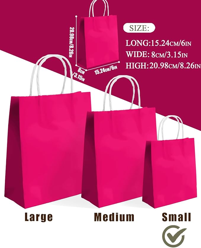 qiqee 24PCS Small Gift Bag with Handles Bulk 8.3"x6"x3" Gift Bags Rose Pink Bags Multiple Uses (Small Size)
