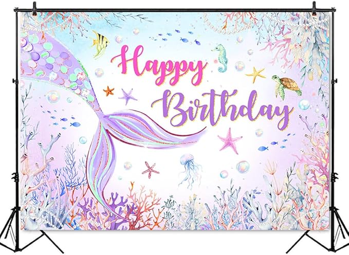 Mocsicka Mermaid Birthday Backdrop Blue and Purple Under The Sea Background for Girls Birthday Party Decor Photo Booth Props (10x7ft)