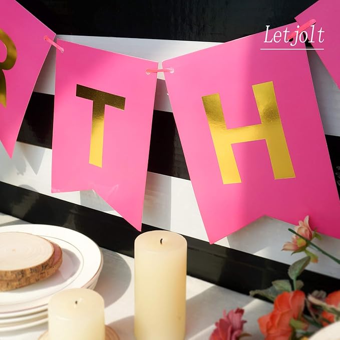 Letjolt Happy Birthday Banner Pure Roseo Party Signs Golden Sparkle Bunting Funny Supplies for Girls Birthday Party Decorations 13 Pieces