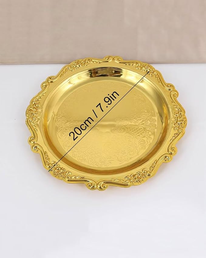 Round Decorative Tray 7.9in Metal Dessert Plates Vintage Coffee Table Tray for Snacks Fruit Gold
