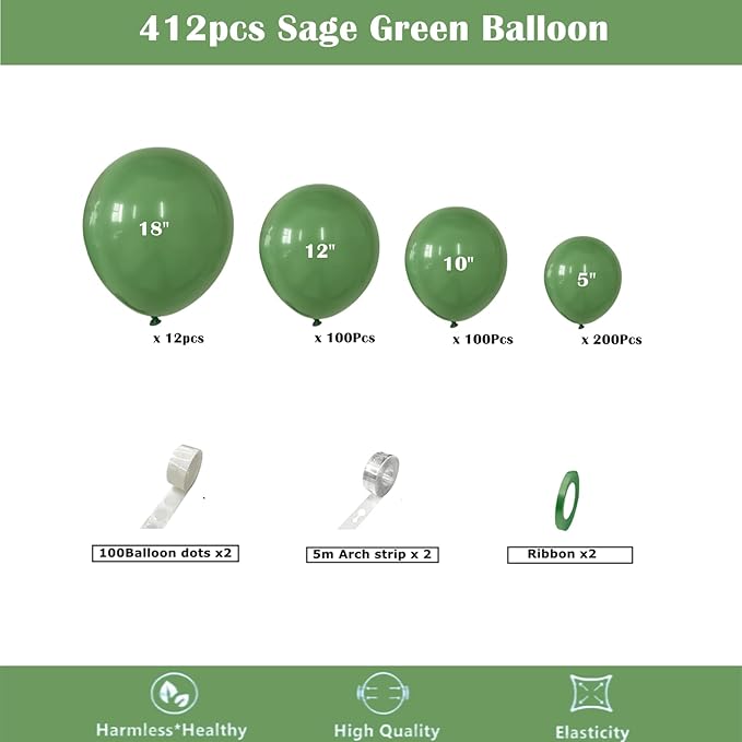412pcs Sage Green Balloon Garland Arch Kit 18 12 10 5 Inch Different Sizes Matte Latex Olive Balloons for Baby Shower Birthday Wedding Jungle Dinosaur Summer Theme Party Decoration