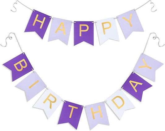 Purple Happy birthday banner - Hanging Backdrop Sign with Gold Letters, Happy Birthday Sign Bunting Decorations for Women men Kids Baby Shower Party Supplies (13pcs)