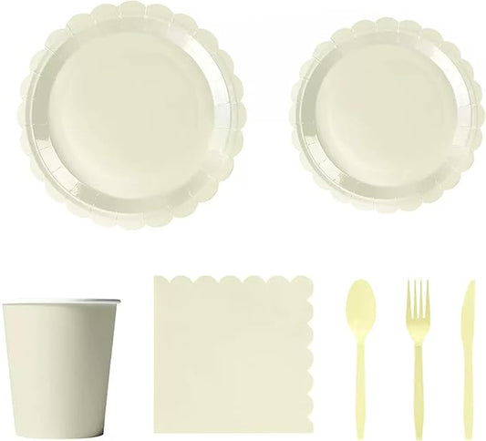 175 Pcs Serve 25 Guests Cream White Plates Napkins Set Disposable Cups Plastic Knives Spoons Forks Birthday Shower Party Supplies decorations For Wedding Family Picnic