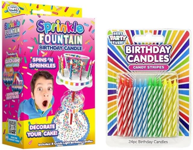 BEST PARTY EVER! Sprinkle Fountain Birthday Candle with 32 Candles, Reusable Spinning Birth Cay Cakes Topper, Decorate Your Cake in Sprinkles