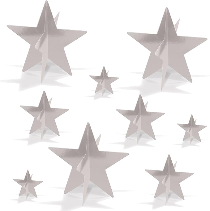 Beistle 3-D Foil Star Centerpieces, 9-Pack Silver Cardstock Table Decorations for Awards Night Themes, New Year’s Eve, Anniversary Parties and Elegant Celebration Displays, Three Sizes 3", 5½", 8"