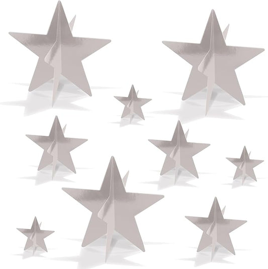 Beistle 3-D Foil Star Centerpieces, 9-Pack Silver Cardstock Table Decorations for Awards Night Themes, New Year’s Eve, Anniversary Parties and Elegant Celebration Displays, Three Sizes 3", 5½", 8"
