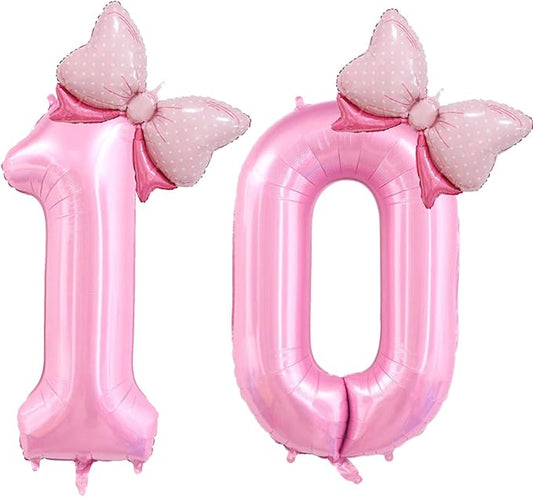 40 inch Number 10 Balloon with Bow Pink Happy Birthday Jumbo Number Balloons for Girls Daughter Birthday Decorations Party Supplies (Pink Number 10)