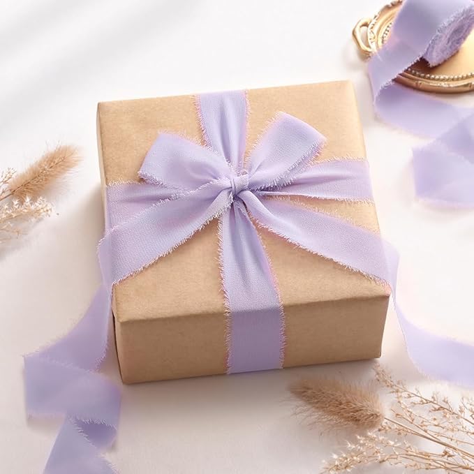 DORIS HOME Light Purple Chiffon Ribbon for Flower Bouquet, 1" x21Yd Fabric Ribbon for Gift Wrapping, Handmade Frayed Ribbon for Wedding Invitations/Christmas Decorations