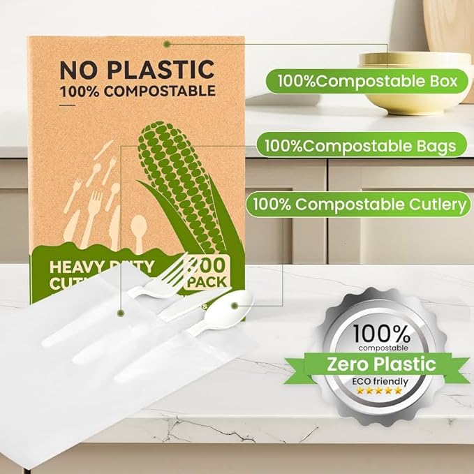 Heavy Duty Compostable Forks (300Pack), Eco-Friendly Heavyweight No-Plastic Fork - 100% Disposable Forks Cornstarch Flatware for Lounge Party Wedding BBQ Picnic Camping