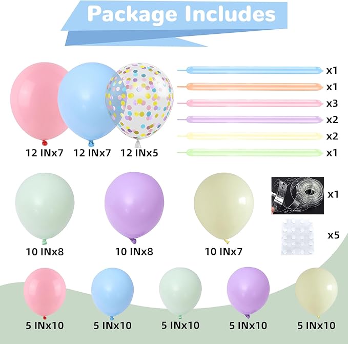 HILAVO Pastel Balloon Arch Kit Macaron Pink Blue Green Purple Yellow Pastel Color Rainbow Confetti Latex Party Balloons Garland for Easter Birthday Baby Shower Graduation Wedding Party Decorations
