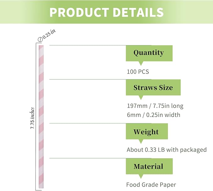 Cute Pink Striped Paper Straws, 100 Pack Pink and White Drinking Straws for Cake Pop Sticks, Princess Party Wedding Decoration - 100% Biodegradable
