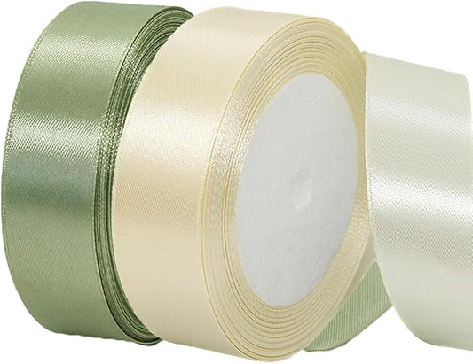 2 Rolls Sage Green Ribbon, 1 Inch 50 Yards Dusty Sage Green Beige Satin Fabric Ribbon for Wedding Party, Gift Wrapping, Baby Shower, Flower Bouquets, DIY Crafts, Birthday and Christmas Decorations