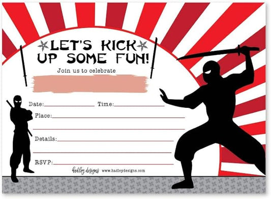 Hadley Designs Kids Birthday Invitations For Boys Ninja Theme - 25 Ninja Birthday Party Invitations For Boys, Martial Arts Invites For Boy, Cute Karate Party Supplies, Made In USA