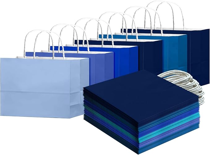 qiqee 24PCS Large Gift Bag with Handles Bulk 13"x4.5"x10" Gift Bags 6 Different Blue Color Bags Multiple Uses (32x11x25cm,Wide Large)