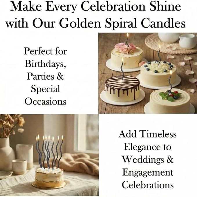 12-Count Spiral Birthday Candles, Long Twisty Party Candles with Candle Holders, Long Burning for Weddings, Birthdays, Party Decorations, Cupcakes, Anniversary and Meetups (Black)
