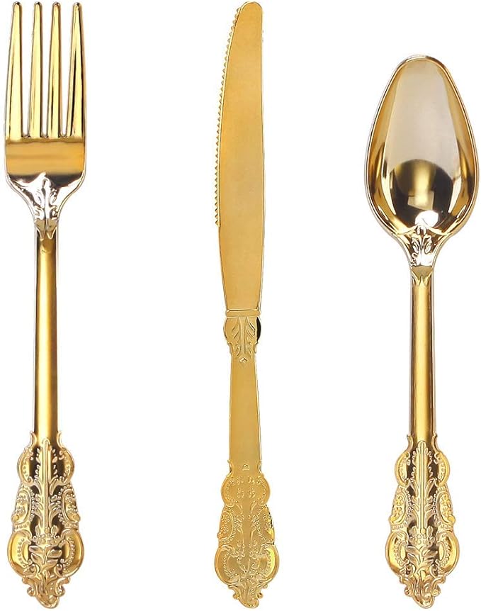 WDF 300 Pieces Gold Plastic Silverware Disposable - Heavy Duty Plastic Cutlery - Gold Silverware Sets Includes 100 Forks, 100 Spoons, 100 Knives for Baby Shower Wedding Spring