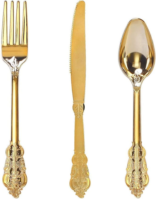 WDF 300 Pieces Gold Plastic Silverware Disposable - Heavy Duty Plastic Cutlery - Gold Silverware Sets Includes 100 Forks, 100 Spoons, 100 Knives for Baby Shower Wedding Spring